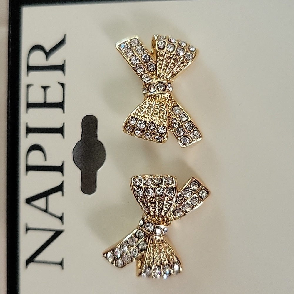 Napier Gold Bow Earrings. With Crystals. NWT - Picture 3 of 7